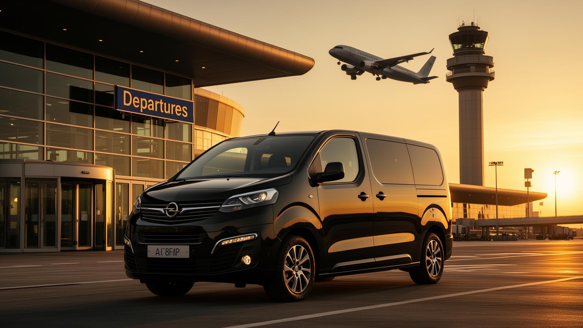 VIP Airport Transfer Bratislava & Vienna — luxury black 8-seater Opel Zafira Life van at airport terminal